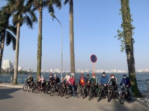 a group of people on bicycles